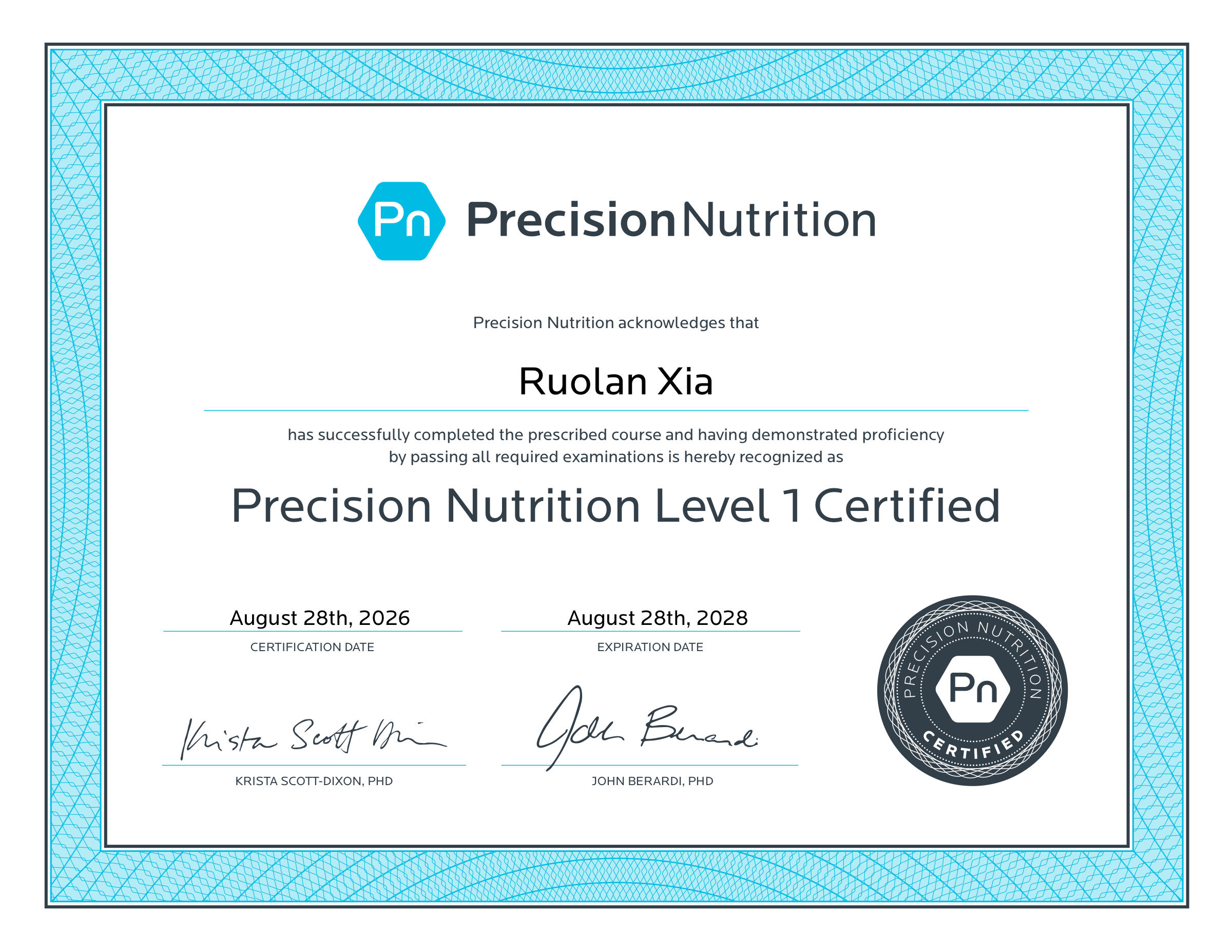 Precision Nutrition Level 1 certificate awarded to Ruolan Xia on August 28, 2026