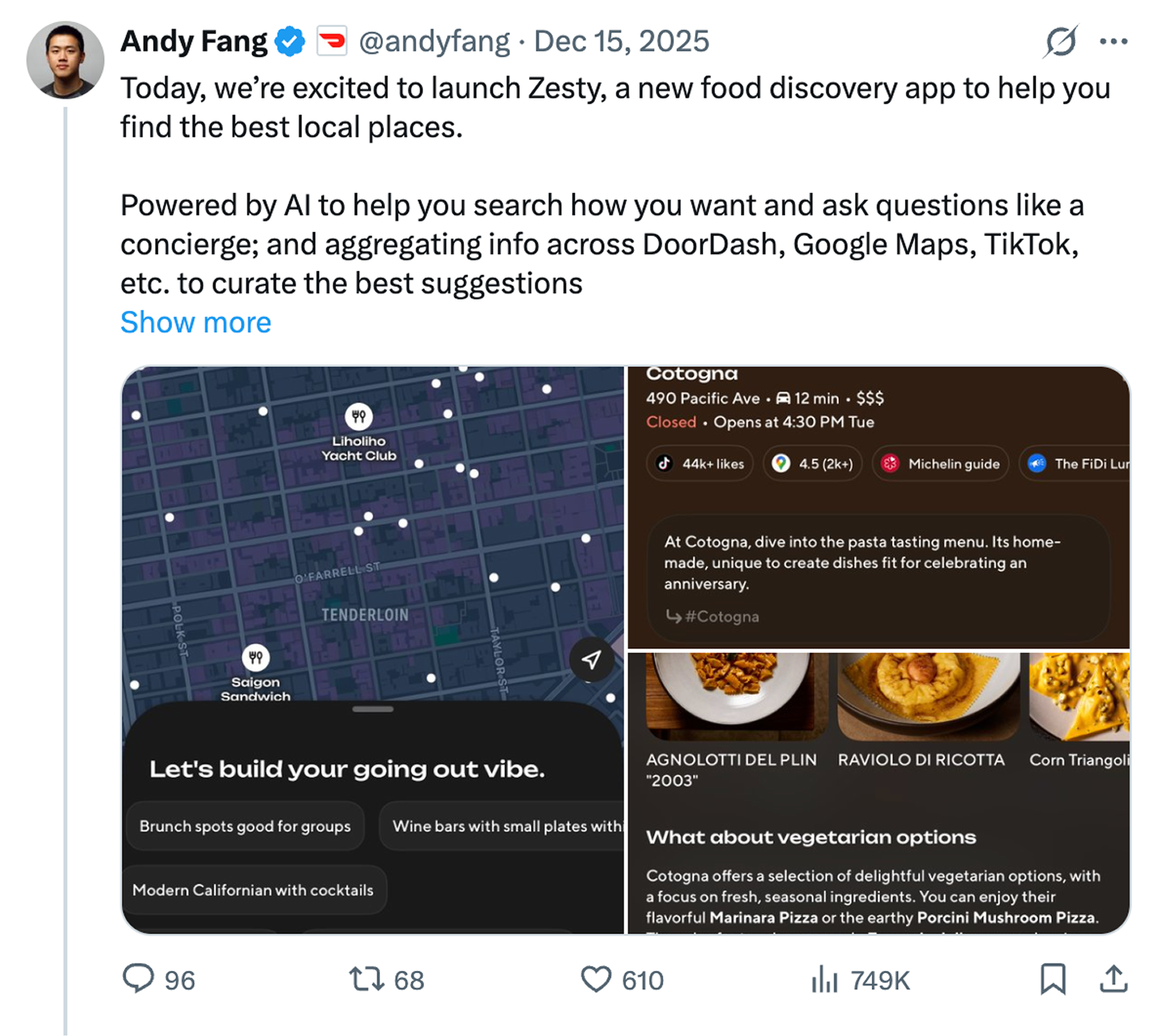 Screenshot of Andy Fang tweet about Zesty